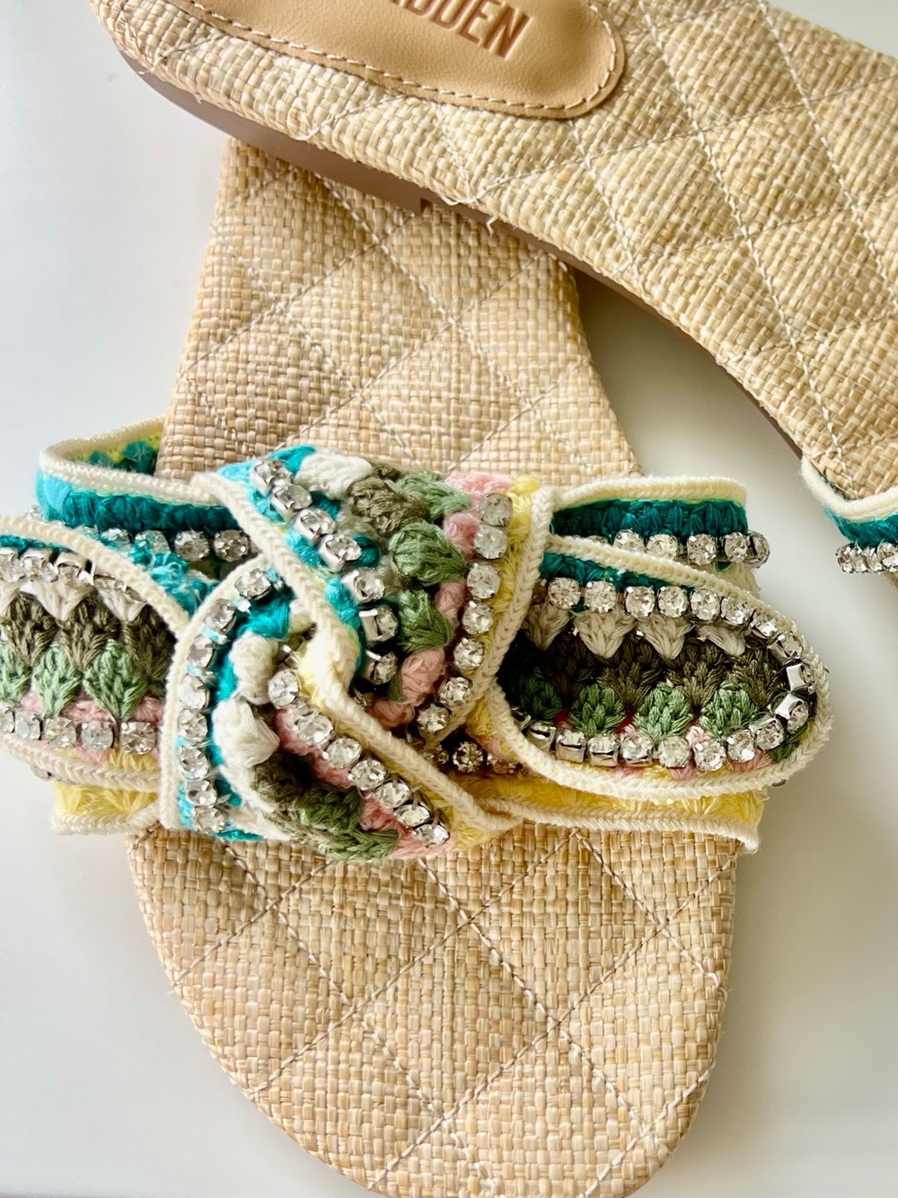 Steve Madden Beaded Crochet Knot Slide Sandals in Turquoise, Green & Pink - Picture 2 of 7